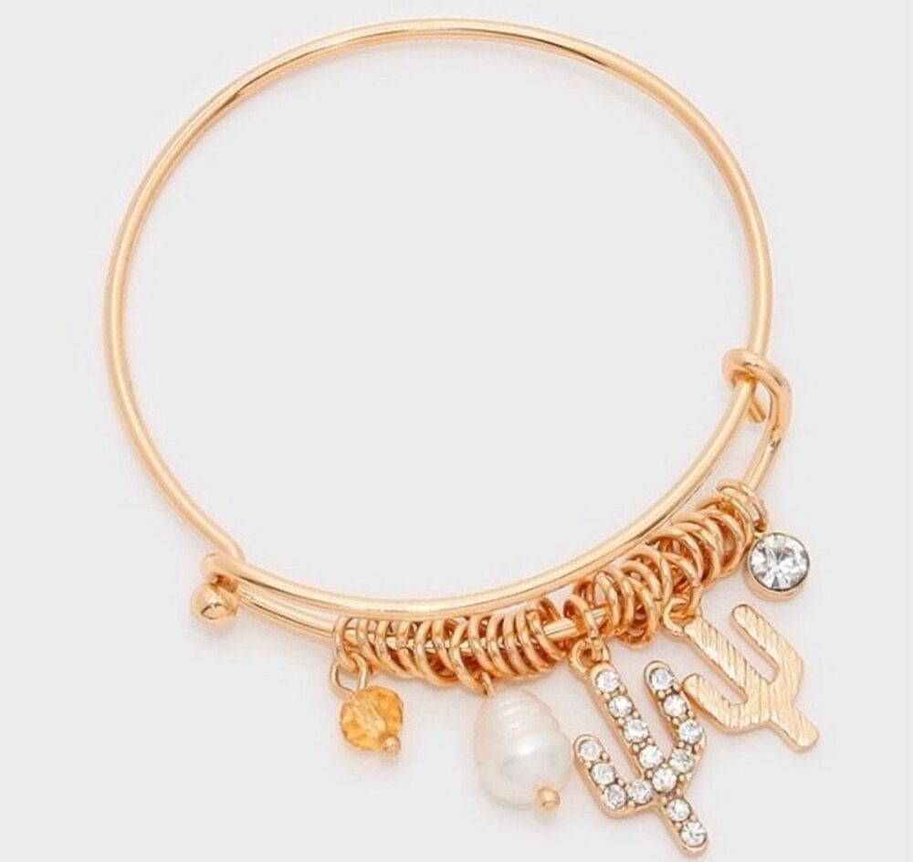 New Womens Boutique Gold & Crystal Charm Cactus Desert Hook Bracelet